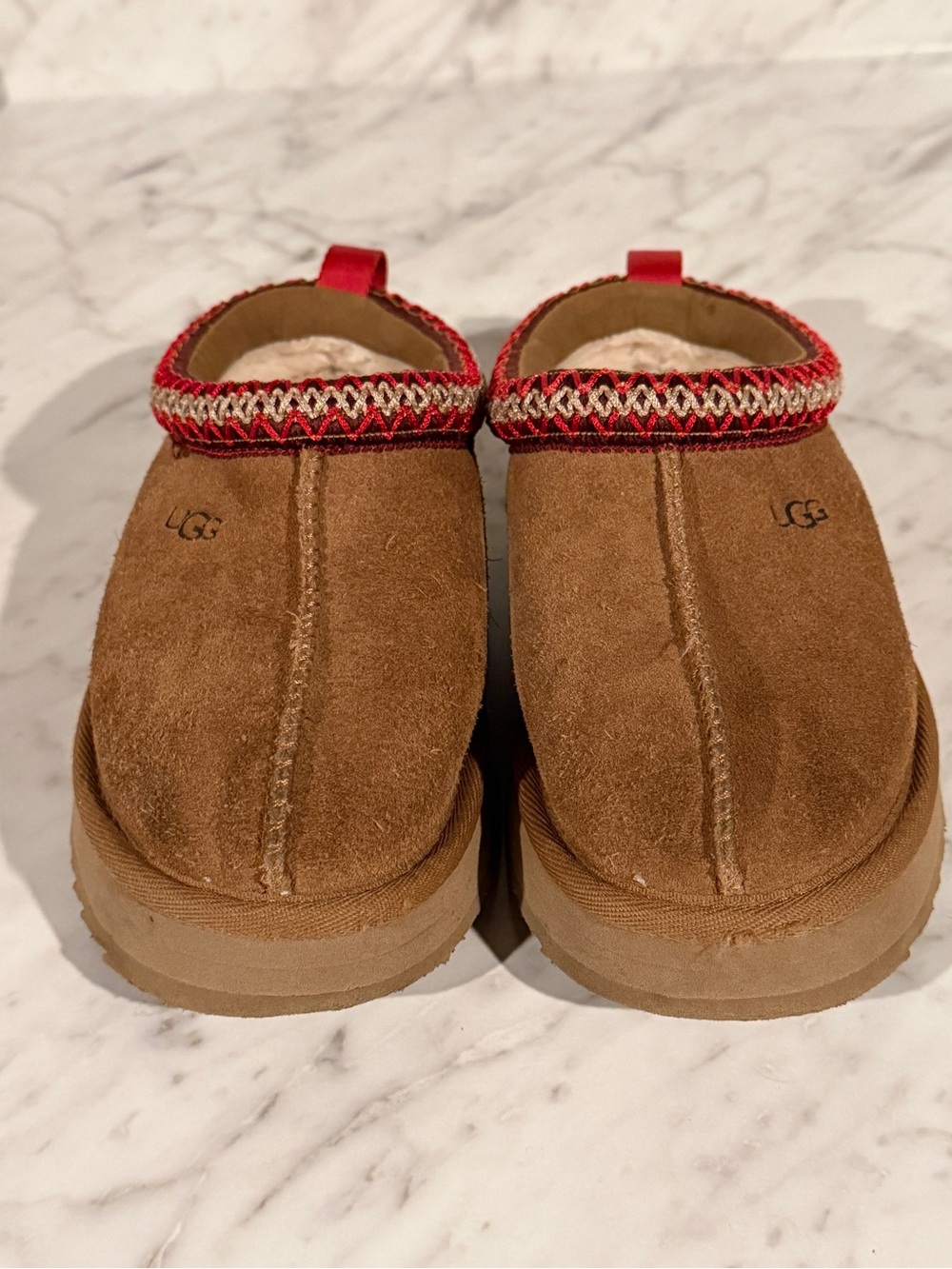 UGG Tazz II Kids Size 13 Cherry Platform Slipper Mule Red Gold Braid